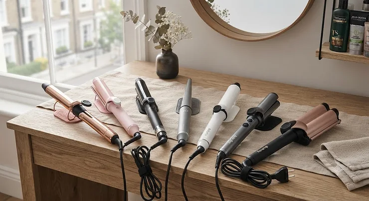 A selection of the best curling tongs laid out for a UK hair styling guide