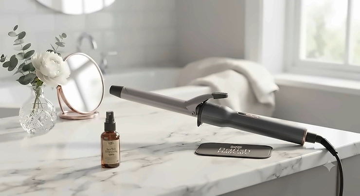 A sleek professional curling wand resting on a marble countertop, ideal for creating effortless beachy waves for British hair types. best curling wand for beachy waves