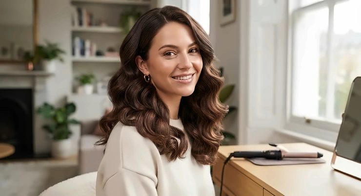 Woman with glossy, bouncy waves created using the best curling wand in the UK