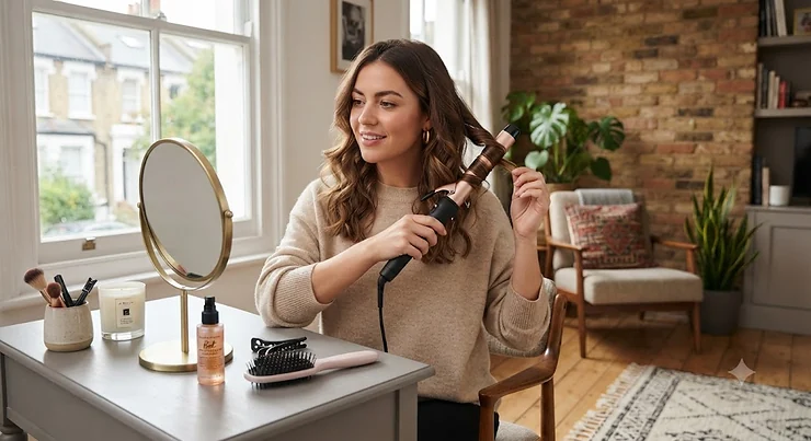 Woman styling her hair with one of the best curling wands in a modern British apartment