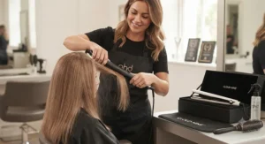 Stylist using professional straighteners to smooth fine hair, comparing GHD and Cloud Nine results