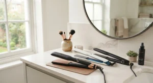 Top-rated wide plate hair straighteners displayed on a vanity table