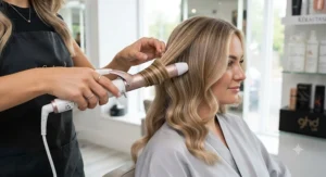 Ceramic curling tongs creating smooth, frizz-free waves on blonde hair