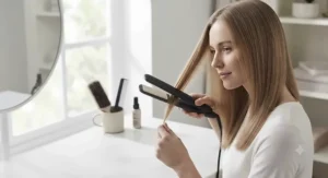 A person with fine hair using ceramic straighteners for a smooth, gentle finish