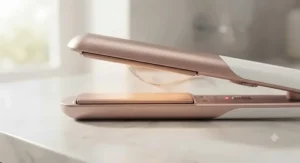 Detailed view of the ceramic plates on mini hair straighteners, highlighting the heat settings for effective hair styling.