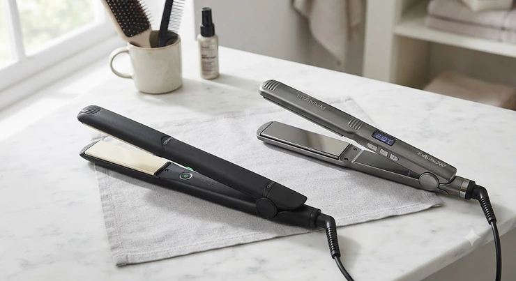 A side-by-side comparison of ceramic and titanium hair straighteners for styling hair at home