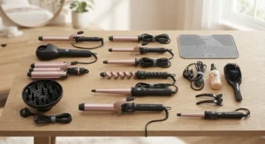 A flat lay collection of the best curling tools including wands, tongs, and diffusers