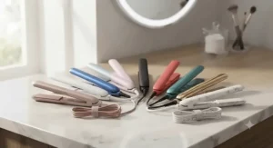 A colourful selection of different mini hair straighteners displayed together to show variety in style and design.