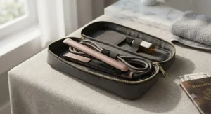 A compact set of ceramic hair straighteners in a travel bag, perfect for styling on the go.