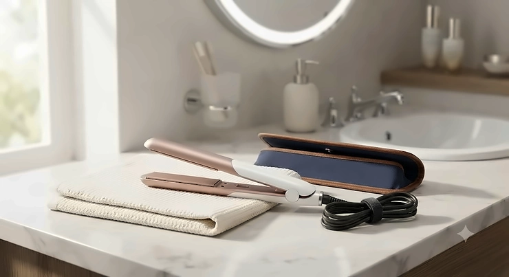 A pair of compact mini hair straighteners resting on a bathroom surface, ideal for travel and handbag storage.