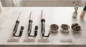 Flat lay comparison showing three different barrel sizes for various curl types