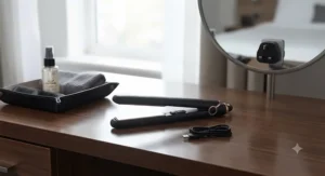 A sleek cordless hair straightener resting on a hotel vanity table