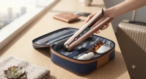 Compact and portable cordless hair straighteners, ideal for travelling, being packed into a stylish washbag.