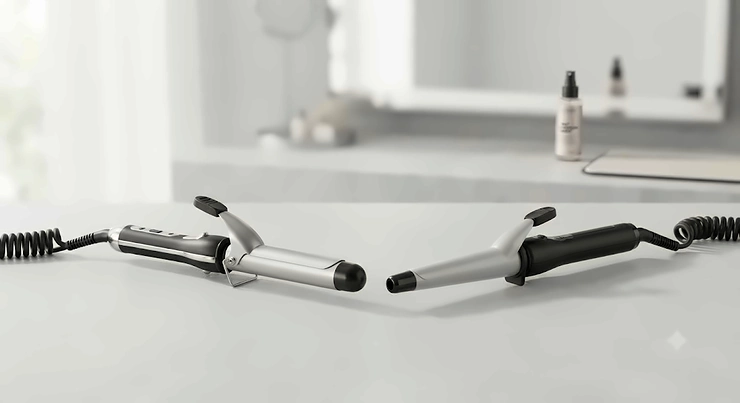 Comparison of curling tongs with a clamp and a clamp-free curling wand side by side