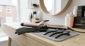 Curling tongs displayed alongside a protective heat-resistant glove and styling clips