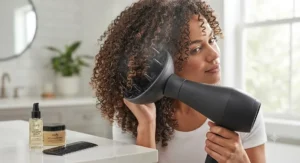 Detailed view of using a bowl diffuser for curly hair and coiled hair textures to maintain moisture and shape.