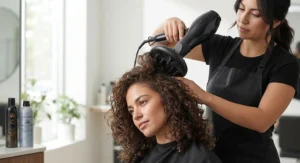 Stylist demonstrating how to tilt the head and use a diffuser for curly hair to create maximum volume at the roots.
