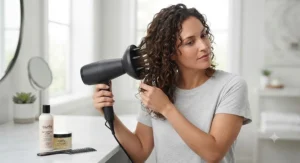 A person gently diffusing curly hair with a low-heat setting to reduce frizz and improve overall curl structure.