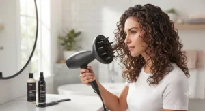 Visual demonstration of the hovering diffusing technique used to achieve defined, frizz-free curly hair.