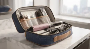 Compact dual-voltage curling wand packed neatly inside a travel wash bag