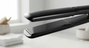 Detail shot of the ceramic coating on high-end hair straightener plates