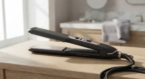 Modern ceramic hair straighteners featuring an ergonomic handle and a digital temperature display.