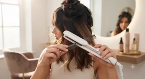 A user comfortably holding ergonomically designed hair straighteners to achieve effortless styling.