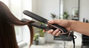 Hand holding ergonomic professional hair straighteners for easy styling