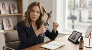 An expert beauty journalist testing a high-end curling wand to evaluate its performance for creating beachy waves.