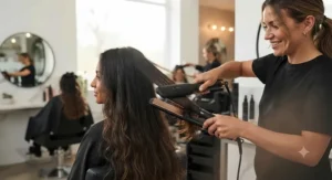 Stylist using wide plate straighteners to quickly straighten long hair