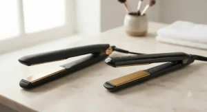 Close up of GHD Gold straighteners next to Cloud Nine Original Iron plates