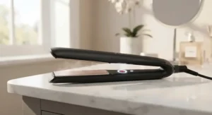 The ghd platinum plus styler glowing to indicate it has reached optimum styling temperature