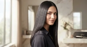 Model showcasing sleek and smooth hair achieved with ghd platinum plus straighteners