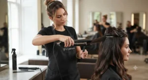Stylist using the ghd platinum plus to create a smooth, salon-quality finish