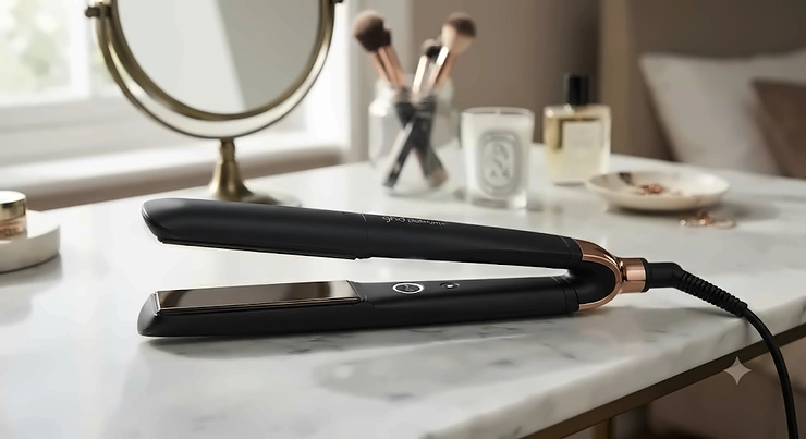 Close-up view of the black ghd platinum plus hair styler on a dressing table