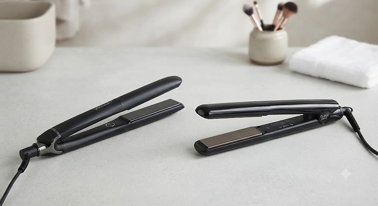 Side-by-side comparison of GHD and Cloud Nine hair straighteners showing design differences GHD vs Cloud Nine straighteners