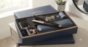 A luxury gift set including titanium hair straighteners and heat-resistant accessories, perfect for gifting.