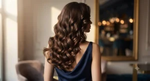 Rear view of long glossy hair styled with bouncy curls for a night out