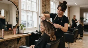 Professional British hairdresser styling a client's hair with a premium curling tool in a salon