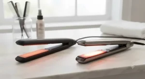 Illustration showing even heat distribution on ceramic hair straightener plates versus rapid heating on titanium plates
