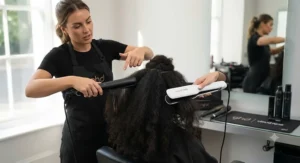 Hairdresser demonstrating the difference between GHD and Cloud Nine irons on thick hair