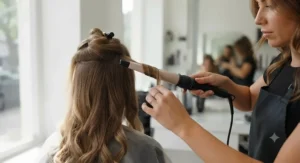 Stylist wrapping hair around a conical curling wand to create loose waves