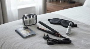 Lightweight hair straighteners placed next to a passport and travel essentials