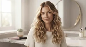 Model showcasing effortless loose beach waves achieved with a tapered curling wand