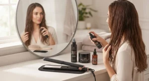 An illustration showing hair protection tips before using ceramic hair straighteners to maintain hair health.