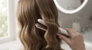 A close-up view of mini hair straighteners being used to create soft waves in shoulder-length hair.