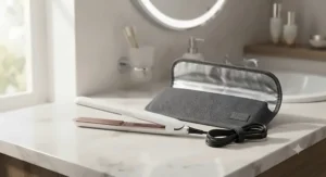 Mini hair straighteners placed next to a matching heat-resistant pouch for safe carrying during trips.