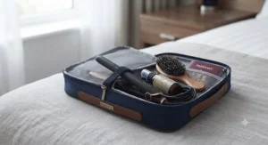 High-quality hair straighteners packed neatly inside a travel wash bag