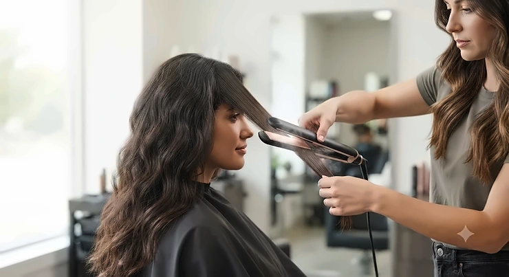 A professional ceramic hair straightener being used to create a sleek, smooth hairstyle.