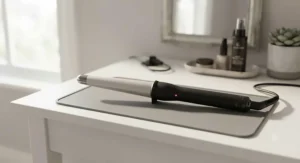 Close-up of a ceramic barrel curling wand heating up on a dressing table